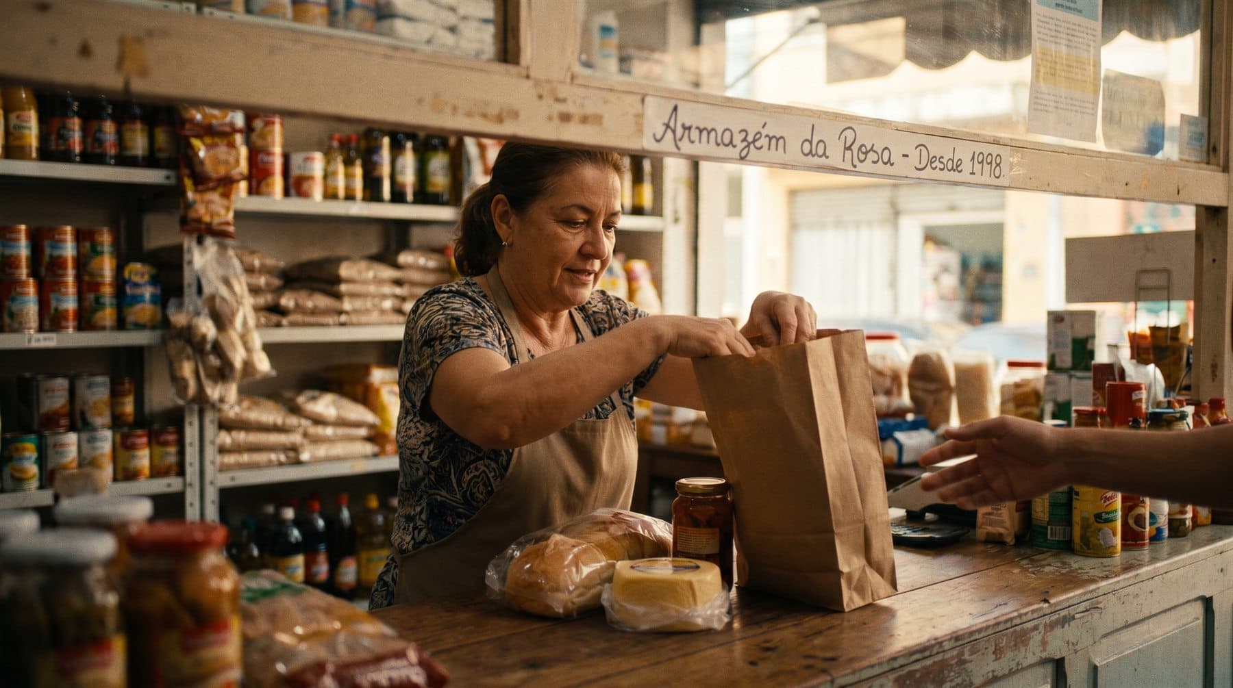 Atendente do Armazém da Rosa empacotando um pedido para entrega