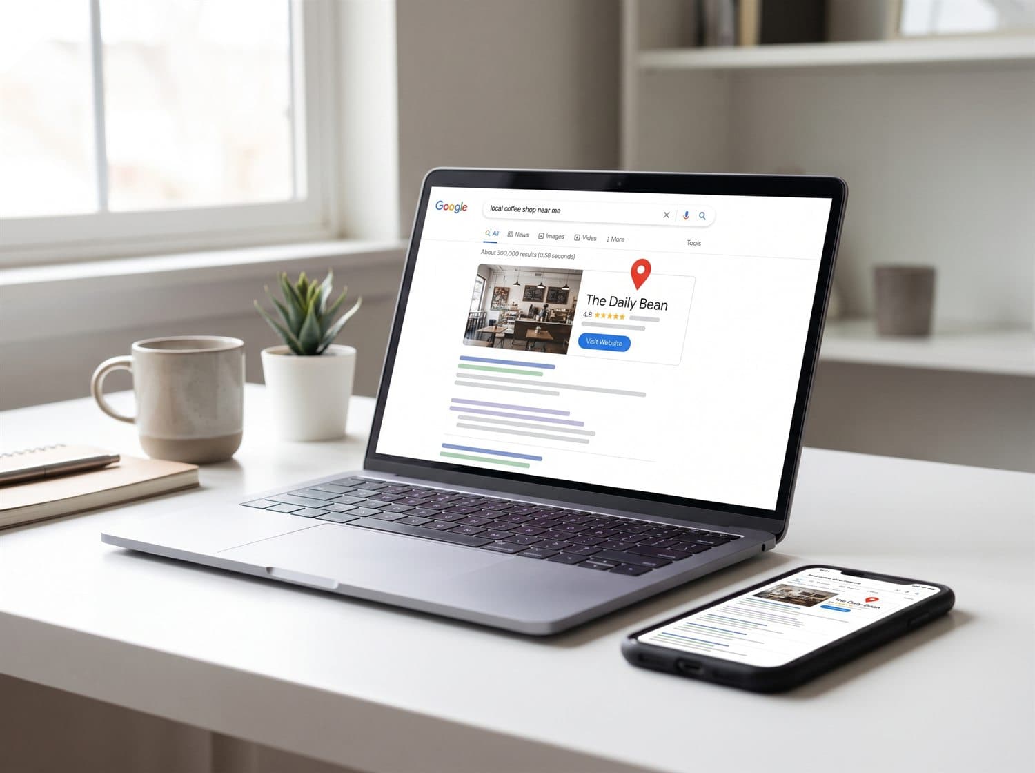 Busca no Google mostrando um negócio local no topo dos resultados